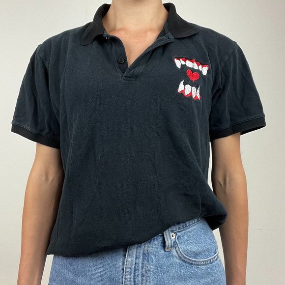 Black Polo - 90s Punk - Women’s M - Picture 1 of 6